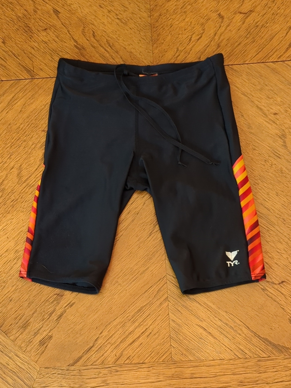 TYR  Boy's Black Swim Jammers Sz 28 with Red & Orange Stripes Swim Team Suit